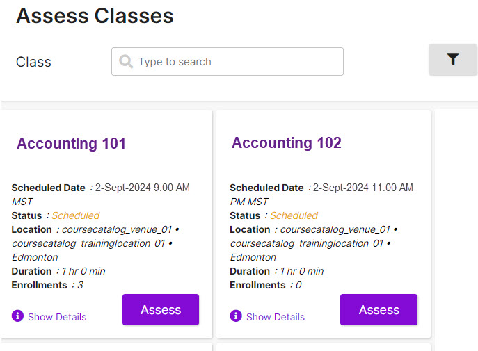 The Assess Classes page with a search box, a filter button and class cards with Assess buttons