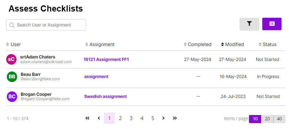The Assess Checklists page with a search box, filter and list buttons, and a table of checklist assignments with status