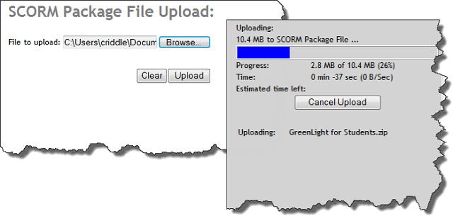 The SCORM Package File Upload form beside an upload progress window showing a file uploading
