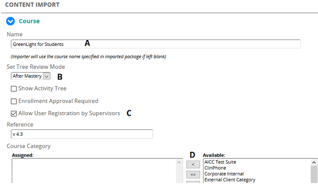 The Content Import page Course section with Name, review mode, registration and category fields marked A to D