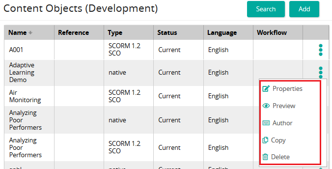 The Content Objects (Development) page with a row menu open and Properties, Preview, Author, Copy and Delete highlighted
