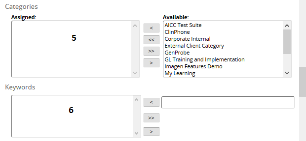 The Categories and Keywords lists of a content object, numbered 5 and 6