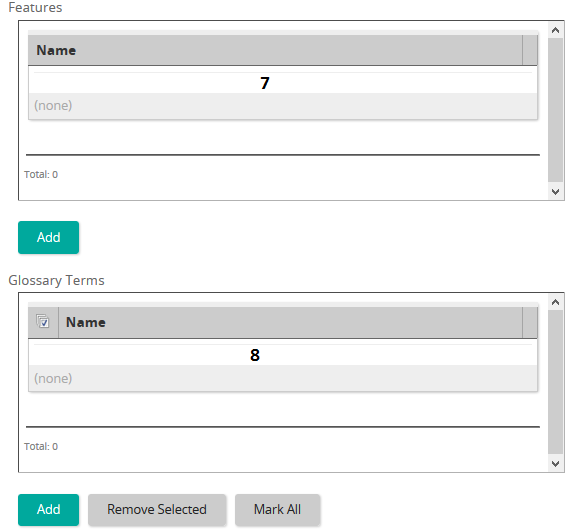 The Features and Glossary Terms lists of a content object, numbered 7 and 8