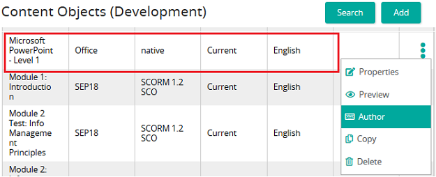 The Content Objects (Development) page with a Microsoft PowerPoint - Level 1 row highlighted and Author in its menu