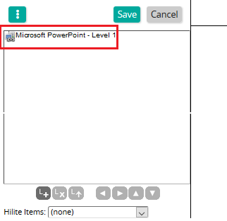 The content object editor with Save and Cancel buttons and Microsoft PowerPoint - Level 1 highlighted in the tree
