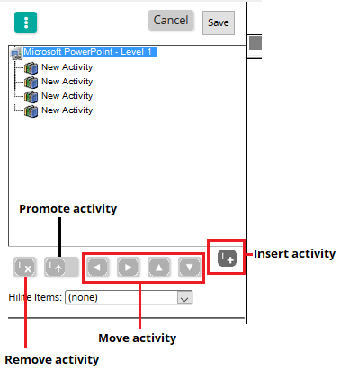 The content object editor with the Insert, Remove, Promote and Move activity buttons labeled