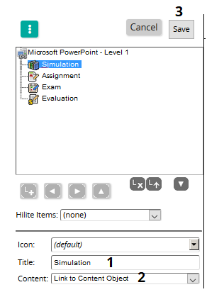 The activity editor with Simulation selected, with the Title, Content and Save controls numbered 1 to 3