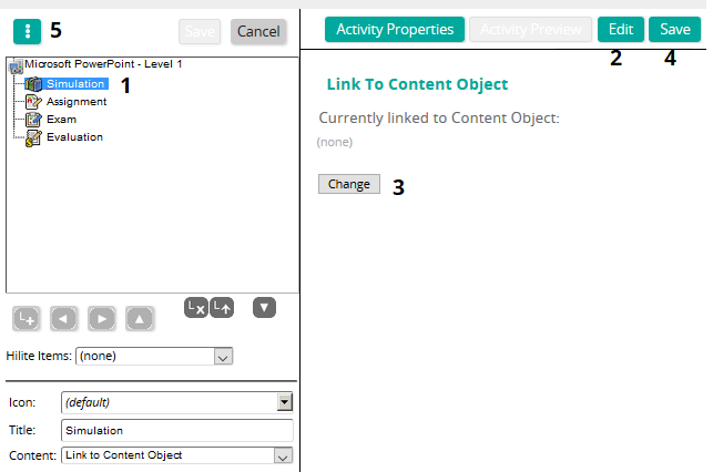 The activity editor with Simulation selected and the Link To Content Object panel, with controls numbered 1 to 5