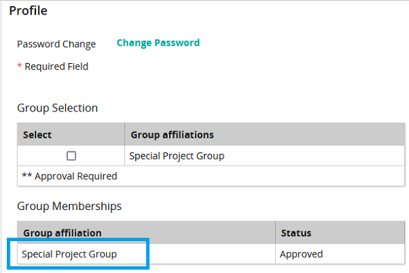 The Profile page with the Group Memberships section highlighted, showing an approved group