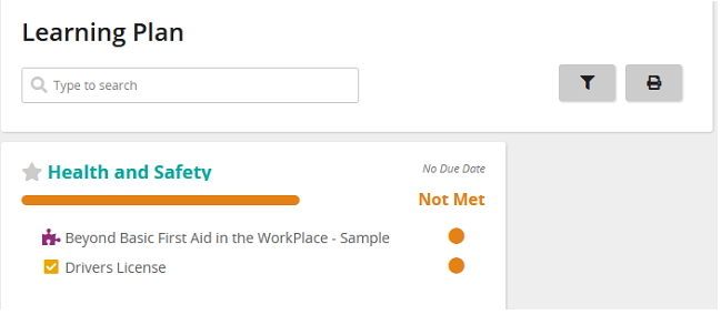 The Learning Plan page with a Health and Safety qualification marked Not Met and two items under it