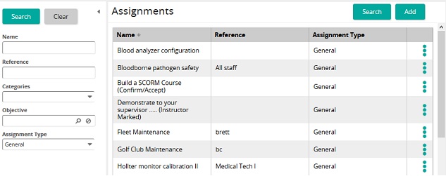 The Assignments page with search filters on the left and a table of assignment names, references and types