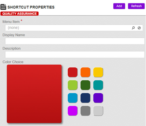 The Shortcut Properties page with Menu Item, Display Name, Description and a Color Choice palette
