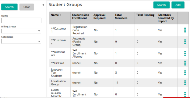 The Student Groups page listing groups with enrollment, approval and member counts, with a search panel on the left