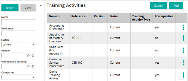The Training Activities page listing activities by name, status and prerequisites, with a search panel on the left