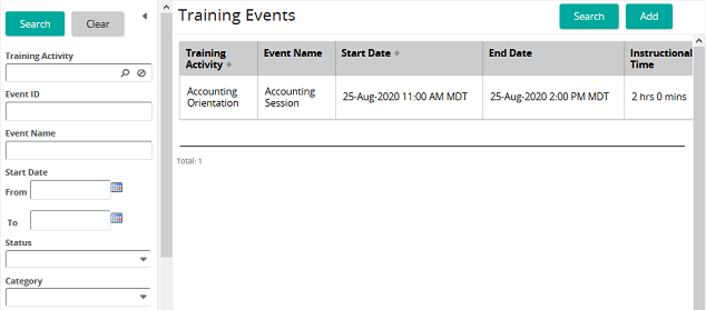 The Training Events page listing one event by activity, name, dates and instructional time, with a search panel