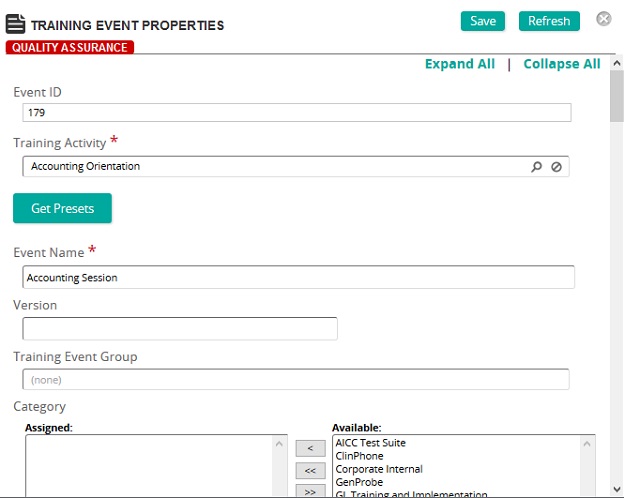 The Training Event Properties page with Event ID, Training Activity, Event Name, Version and Category fields