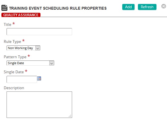 The Training Event Scheduling Rule Properties page with Title, Rule Type, Pattern Type and Single Date fields