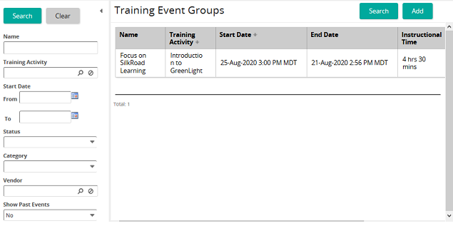 The Training Event Groups page listing one group by activity and dates, with a search panel on the left