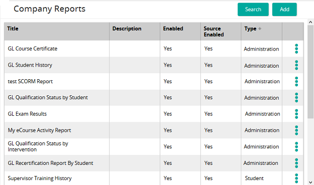 The Company Reports page with a table of report titles, descriptions, enabled status and type