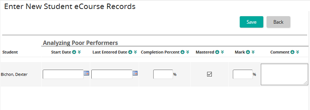 The Enter New Student eCourse Records page with start date, completion percent, mastered, mark and comment fields