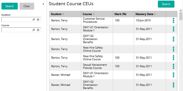 The Student Course CEUs page listing courses with mark and mastery date, with a search panel on the left