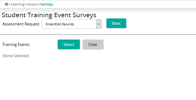 The Student Training Event Surveys page with Assessment Request set to Enter/Edit Records and a Training Events selector
