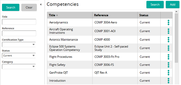 The Competencies page listing competencies by title, reference and status, with a search panel on the left