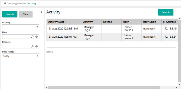 The Activity page with search filters on the left and a table of activity dates, activities and user logins