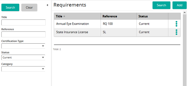 The Requirements page listing two requirements by title, reference and status, with a search panel on the left