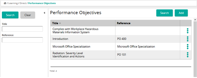 The Performance Objectives page listing four objectives by title and reference, with a search panel on the left