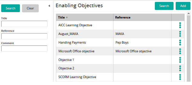 The Enabling Objectives page listing objectives by title and reference, with a search panel on the left