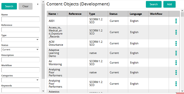 The Content Objects (Development) page listing content objects, with Search and Add buttons