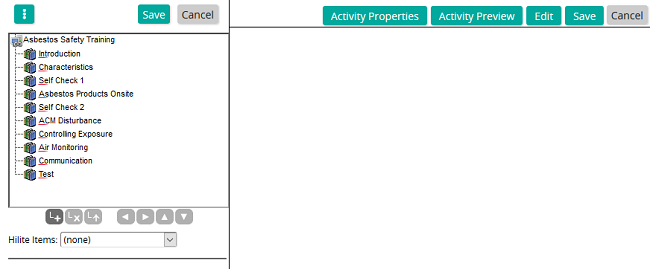 The Content Object Authoring page with an activity tree for a course and a row of icon buttons below it