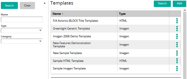 The Templates page listing templates by name and type, with a search panel on the left