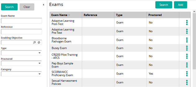 The Exams page listing exams by name, type and proctored status, with a search panel on the left