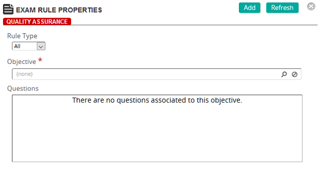 The Exam Rule Properties page with Rule Type, Objective and Questions fields