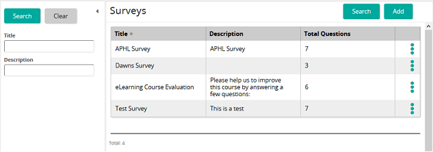 The Surveys page listing four surveys by title, description and total questions, with a search panel on the left