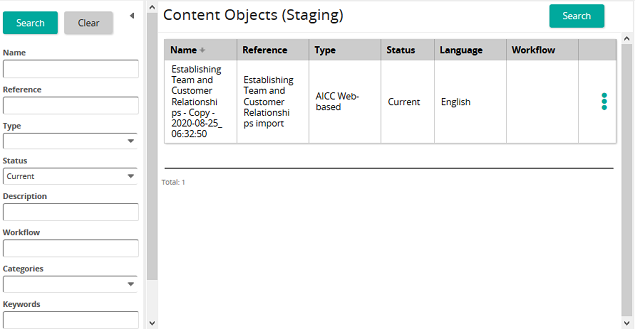 The Content Objects (Staging) page listing one content object, with a search panel on the left