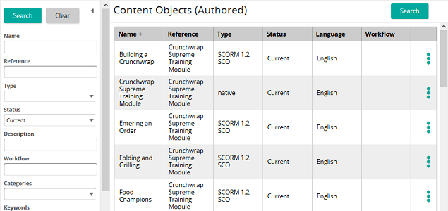 The Content Objects (Authored) page listing content objects, with a search panel on the left