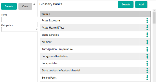 The Glossary Banks page listing terms, with a search panel on the left