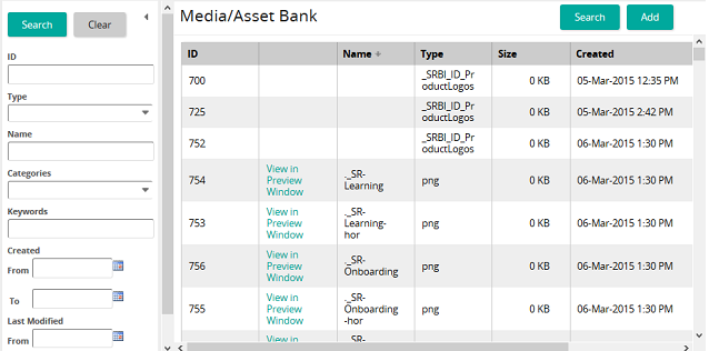 The Media/Asset Bank page listing media by ID, name, type, size and created date, with a search panel on the left