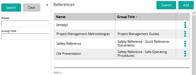 The References page listing four references by name and group title, with a search panel on the left