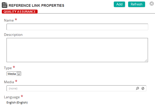 The Reference Link Properties page with Name, Description, Type, Media and Language fields