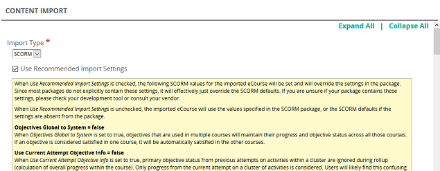The Content Import page with Import Type set to SCORM and Use Recommended Import Settings checked