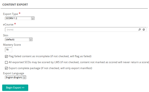 The Content Export page with Export Type, eCourse, Skin, Mastery Score and Export Language fields and a Begin Export button