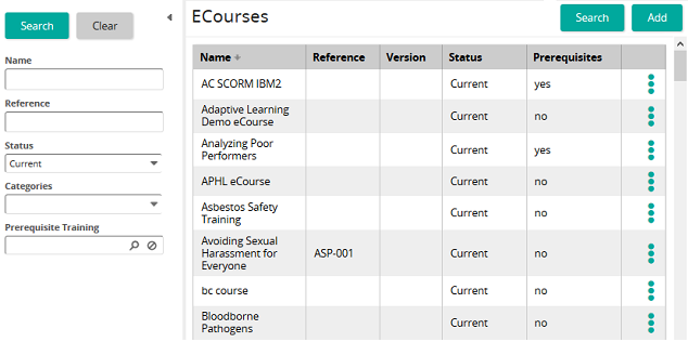 The eCourses page listing courses, with Name, Reference, Status and Categories filters