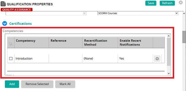 The Qualification Properties page with the Competencies list under Certifications highlighted in a red box