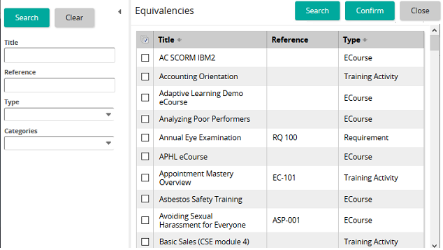 The Equivalencies list with Title, Reference and Type columns and Search, Confirm and Close buttons