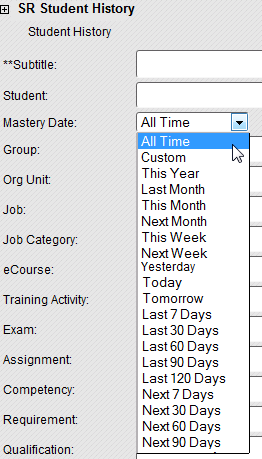The Mastery Date filter dropdown open, listing options such as All Time, Custom, This Year and Last Month