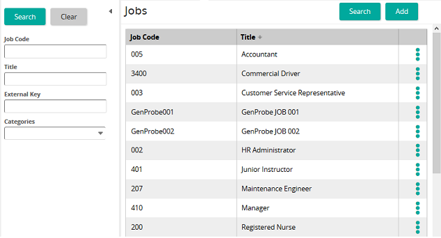 The Jobs page listing jobs by job code and title, with a search panel on the left